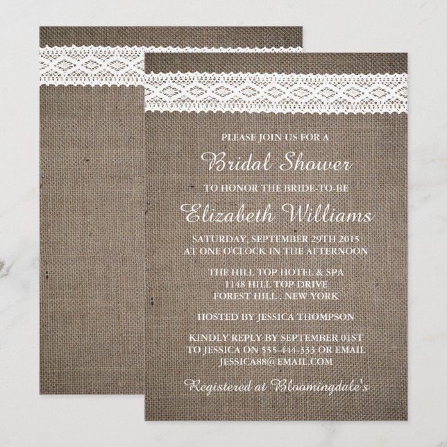 Rustic Burlap & Vintage White Lace Bridal Shower Invitation (Front/Back)