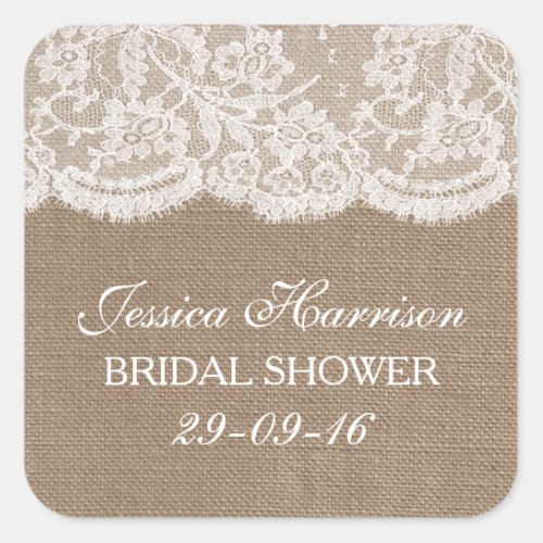 Rustic Burlap  Vintage White Lace Bridal Shower Square Sticker