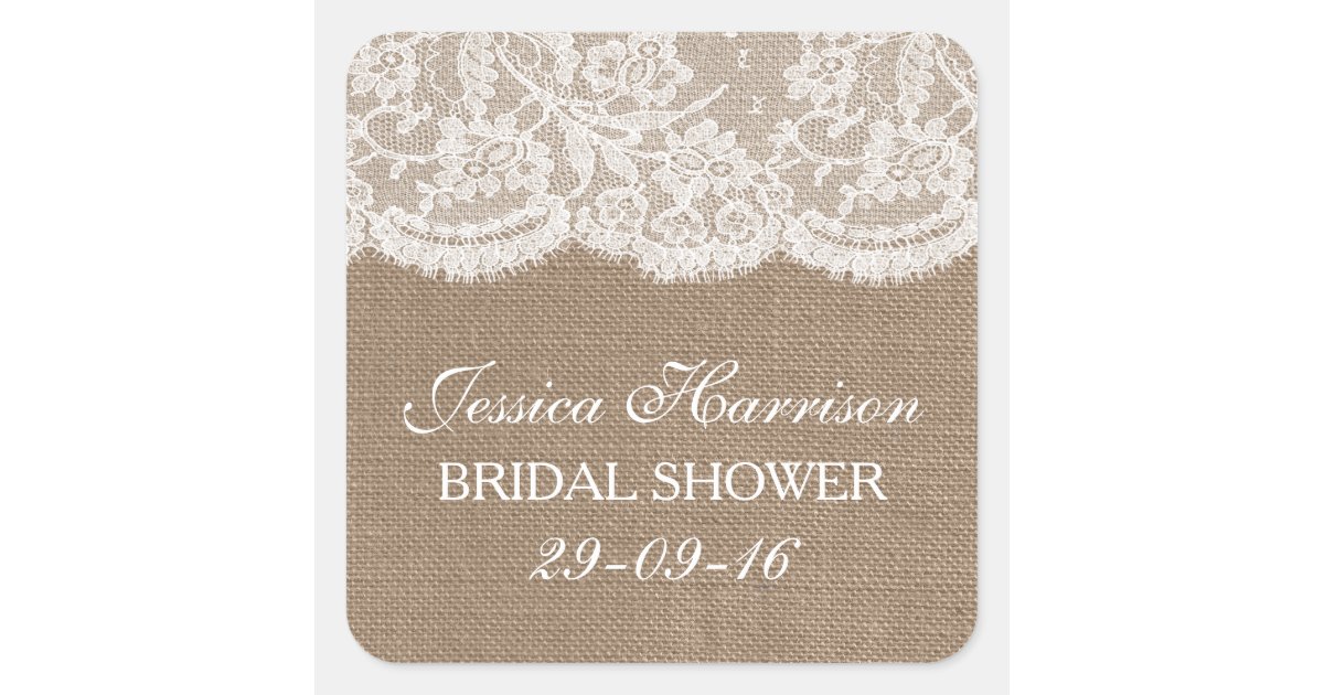 Rustic Burlap & Vintage White Lace Bridal Shower Square Sticker | Zazzle