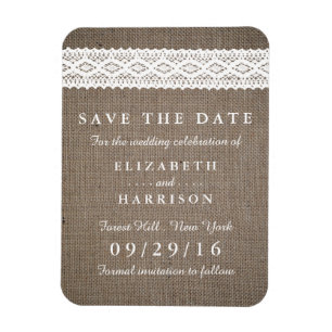 Rustic Burlap & Vintage White Lace Save The Date Magnet
