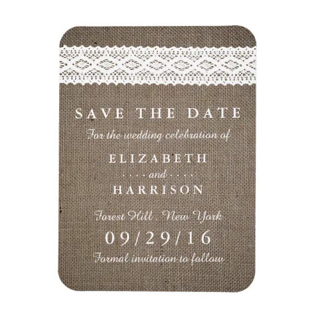 Rustic Burlap & Vintage White Lace Save The Date Magnet | Zazzle