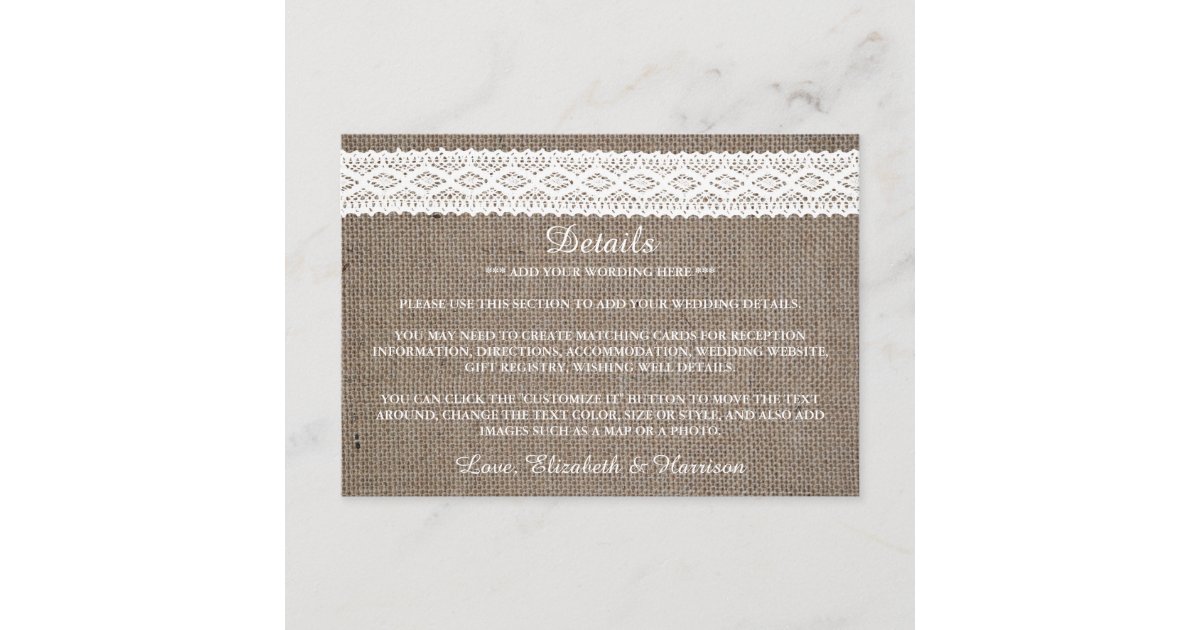Rustic Burlap & Vintage White Lace Wedding Detail Enclosure Card | Zazzle