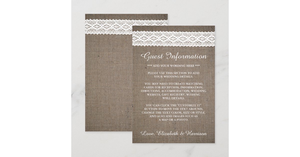 Rustic Burlap & Vintage White Lace Wedding Detail Enclosure Card | Zazzle