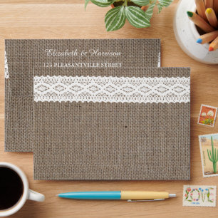 Rustic Burlap & Vintage White Lace Wedding Envelope