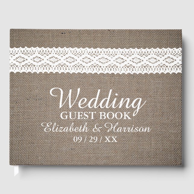 Rustic Burlap & Vintage White Lace Wedding Guest Book (Front)