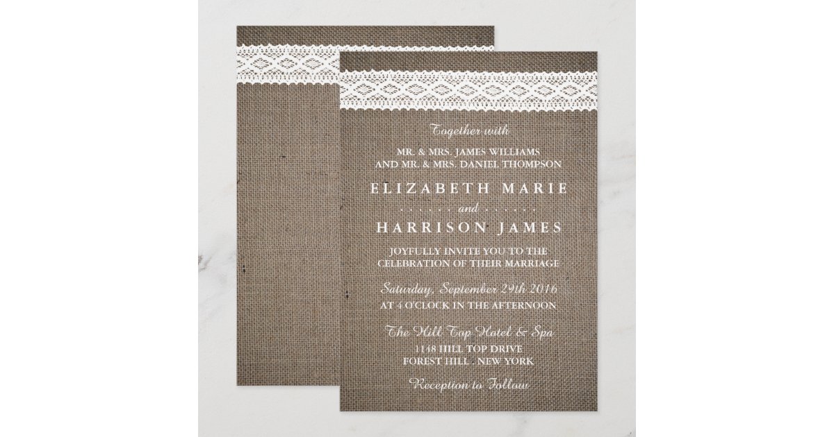 Rustic Burlap & Vintage White Lace Wedding Invitation | Zazzle