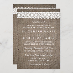 Rustic Burlap & Vintage White Lace Wedding Invitation