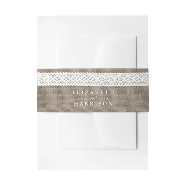Rustic Burlap & Vintage White Lace Wedding Invitation Belly Band | Zazzle