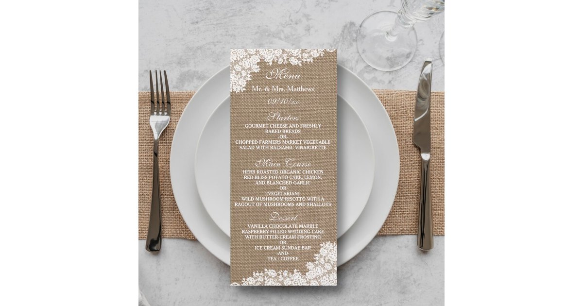 Rustic Burlap & Vintage White Lace Wedding Menu | Zazzle