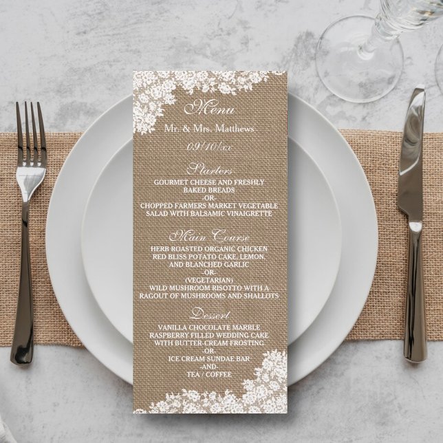 Rustic Burlap & Vintage White Lace Wedding Menu (Creator Uploaded)