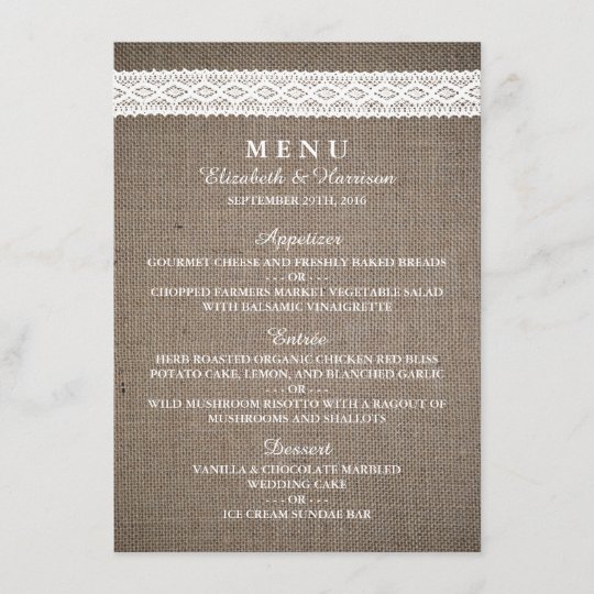 Rustic Burlap Vintage White Lace Wedding Menu Zazzle Com