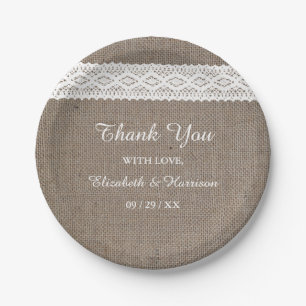Rustic Burlap & Vintage White Lace Wedding Paper Plates