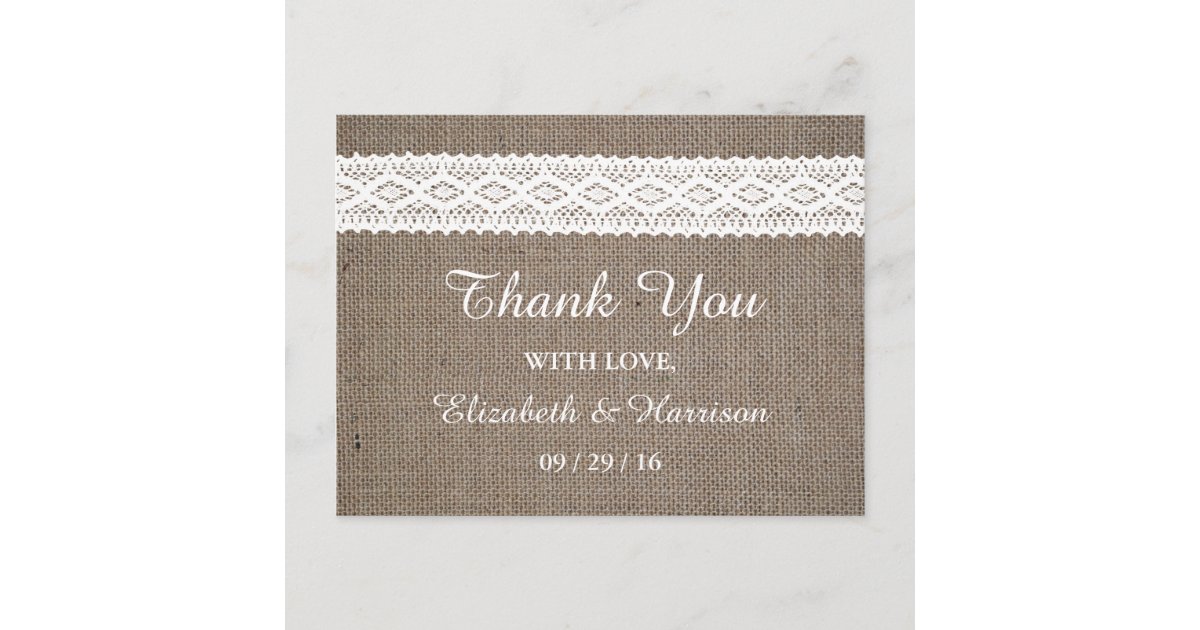 Rustic Burlap & Vintage White Lace Wedding Postcard | Zazzle