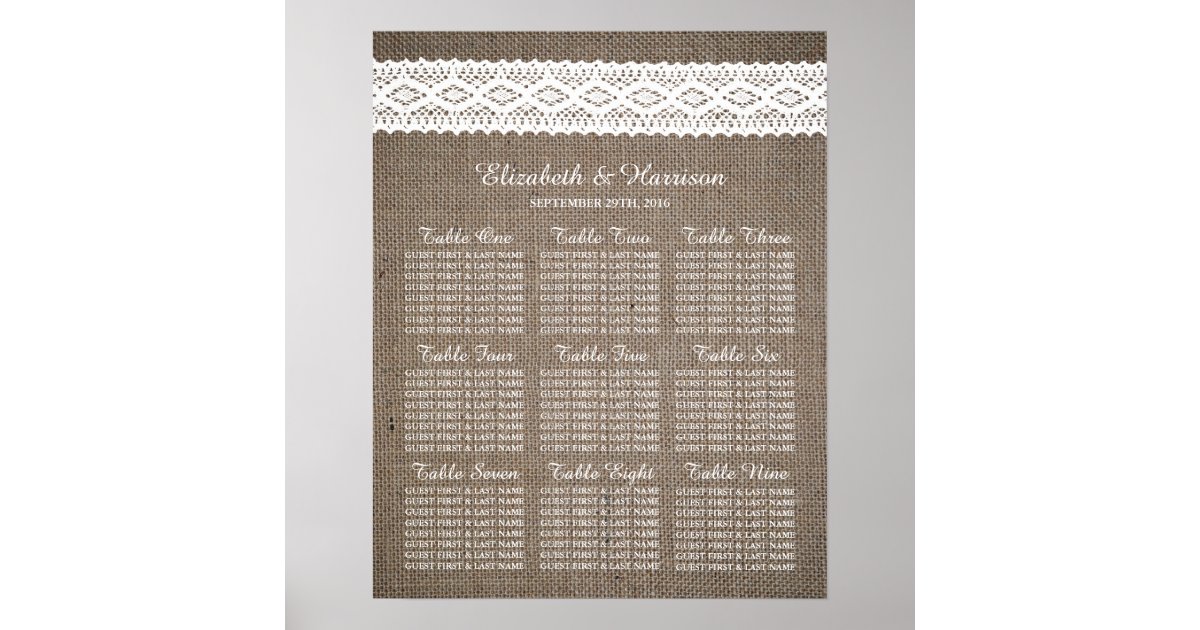 Rustic Burlap & Vintage White Lace Wedding Poster | Zazzle
