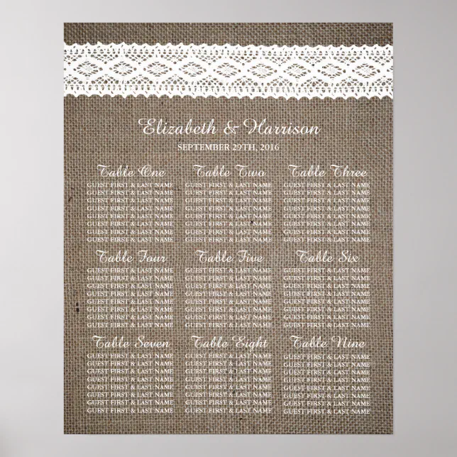 Rustic Burlap & Vintage White Lace Wedding Poster | Zazzle