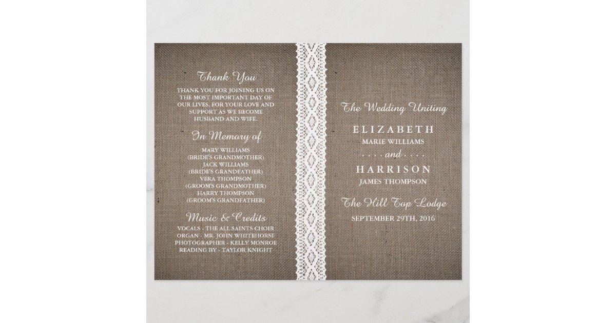 Rustic Burlap & Vintage White Lace Wedding Program | Zazzle
