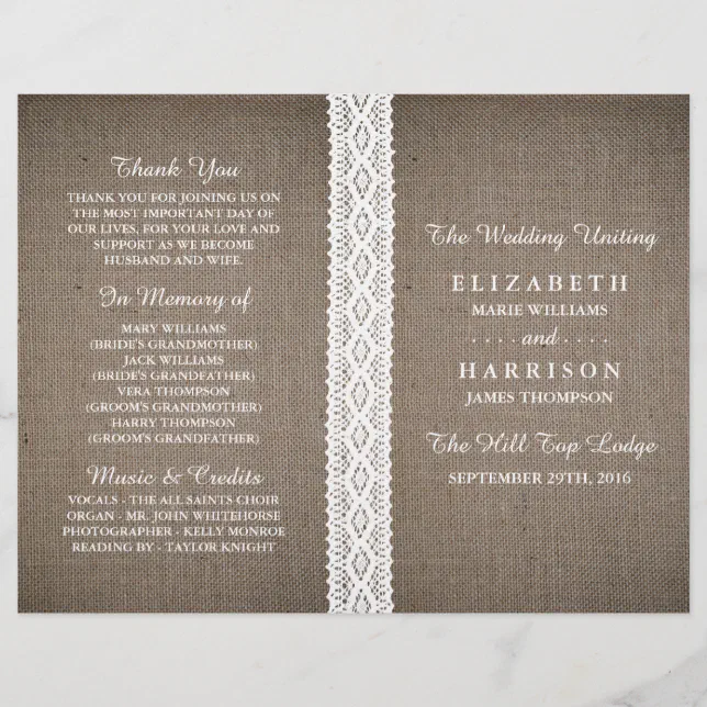 Rustic Burlap & Vintage White Lace Wedding Program | Zazzle