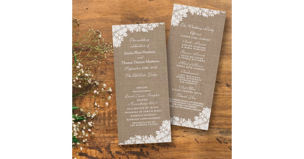 Rustic Burlap & Vintage White Lace Wedding Program | Zazzle