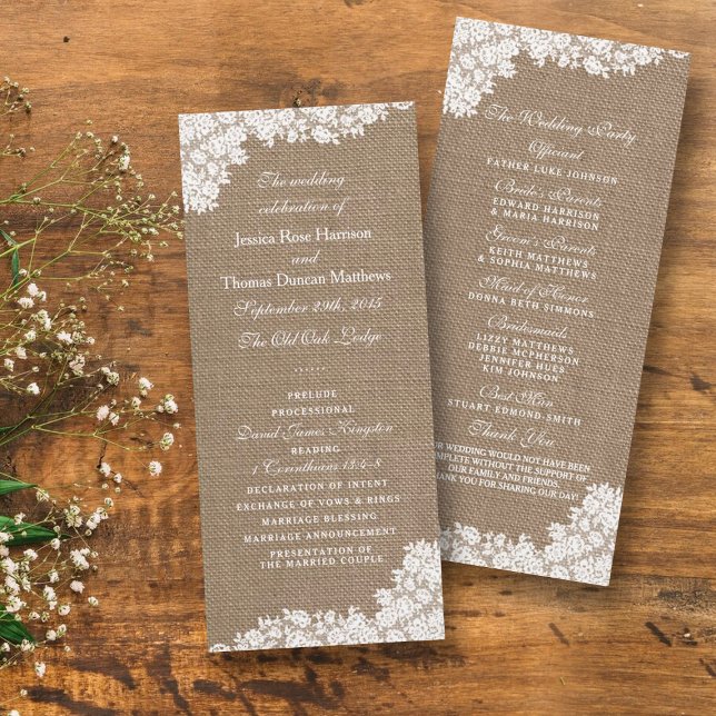Rustic Burlap & Vintage White Lace Wedding Program (Creator Uploaded)