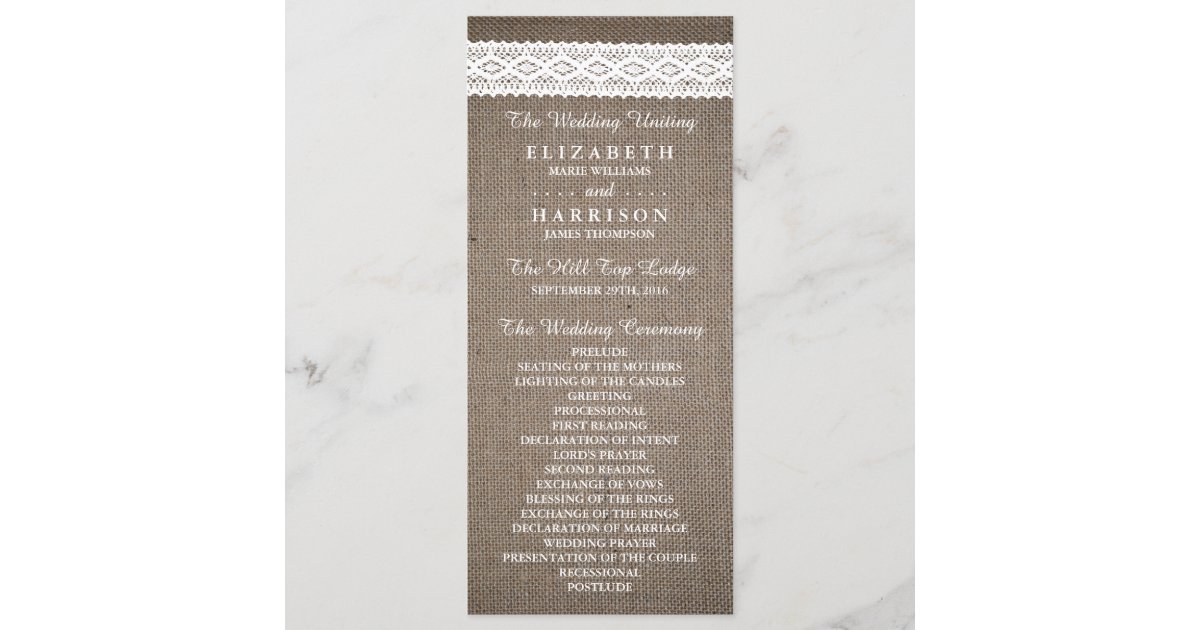 Rustic Burlap & Vintage White Lace Wedding Program | Zazzle