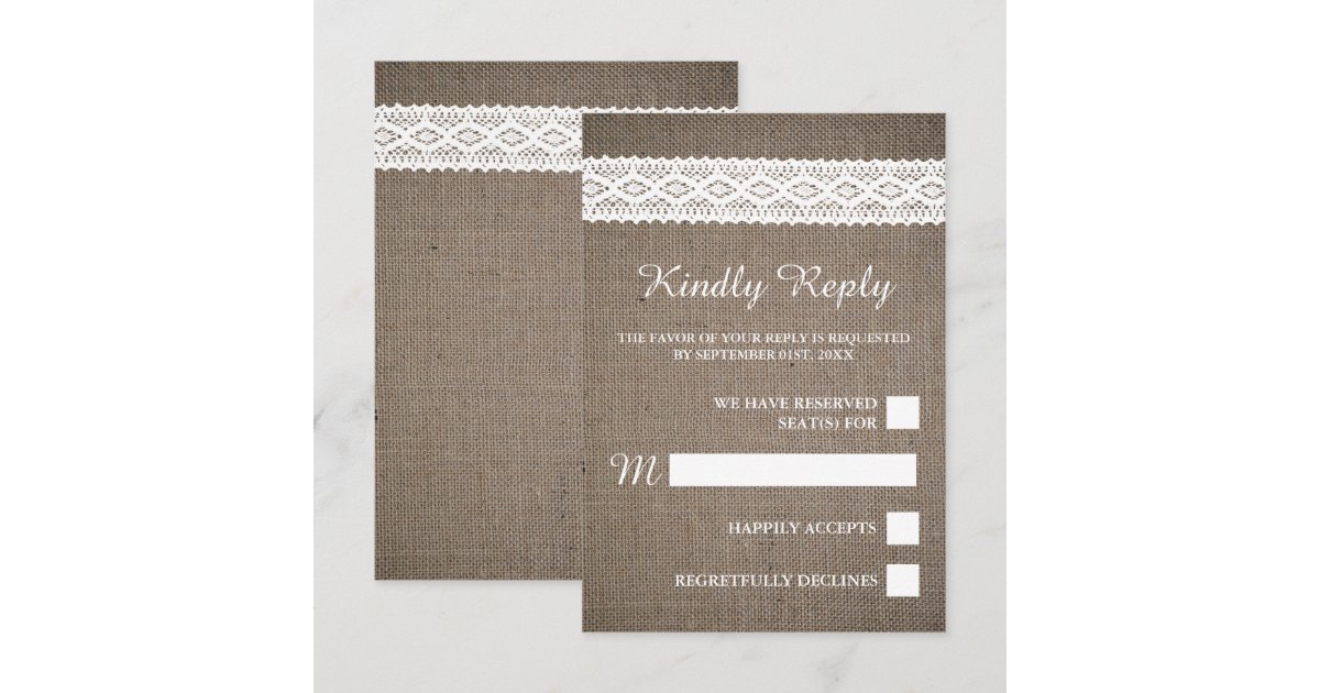 Rustic Burlap & Vintage White Lace Wedding RSVP Card | Zazzle