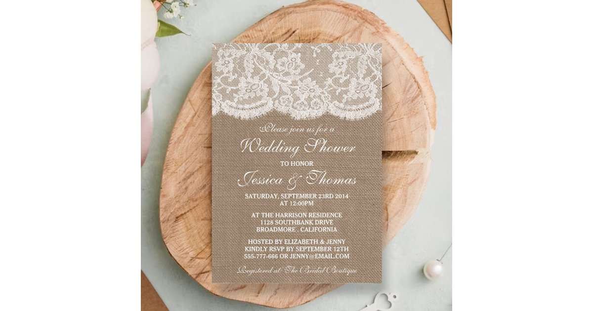 Rustic Burlap & Vintage White Lace Wedding Shower Invitation | Zazzle