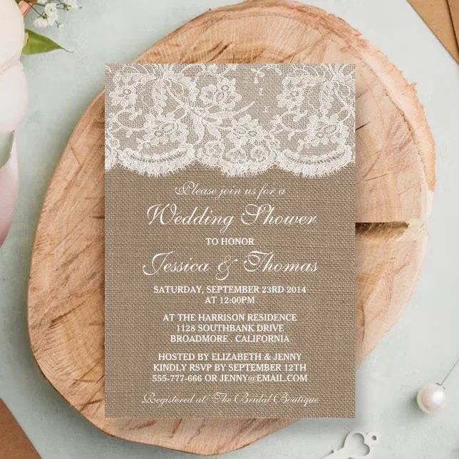 Rustic Burlap & Vintage White Lace Wedding Shower Invitation | Zazzle
