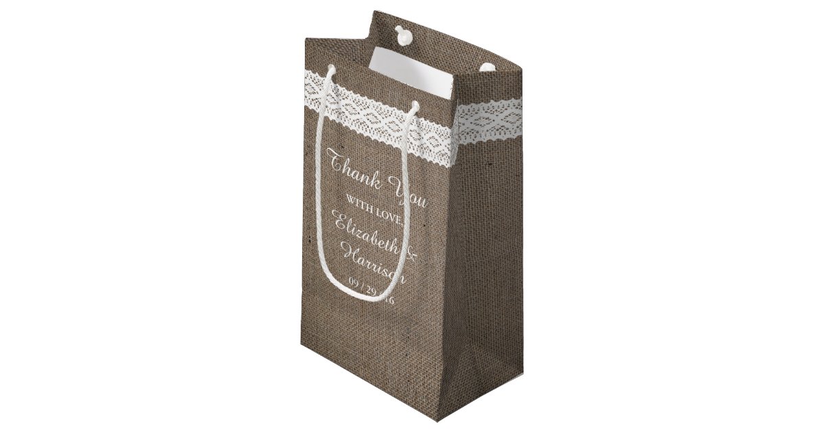 Rustic Burlap & Vintage White Lace Wedding Small Gift Bag Zazzle