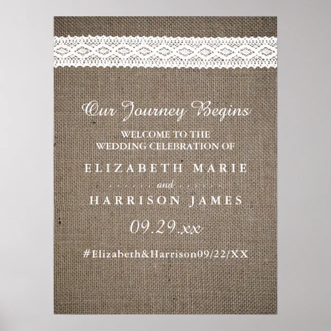 Rustic Burlap & Vintage White Lace Wedding Welcome Poster | Zazzle