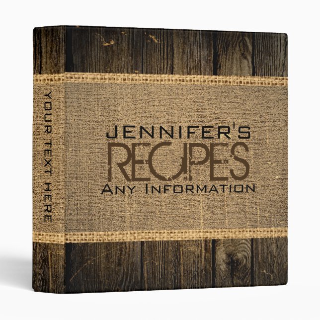 Rustic Burlap Vintage Wood 3 Ring Binder (Front/Spine)