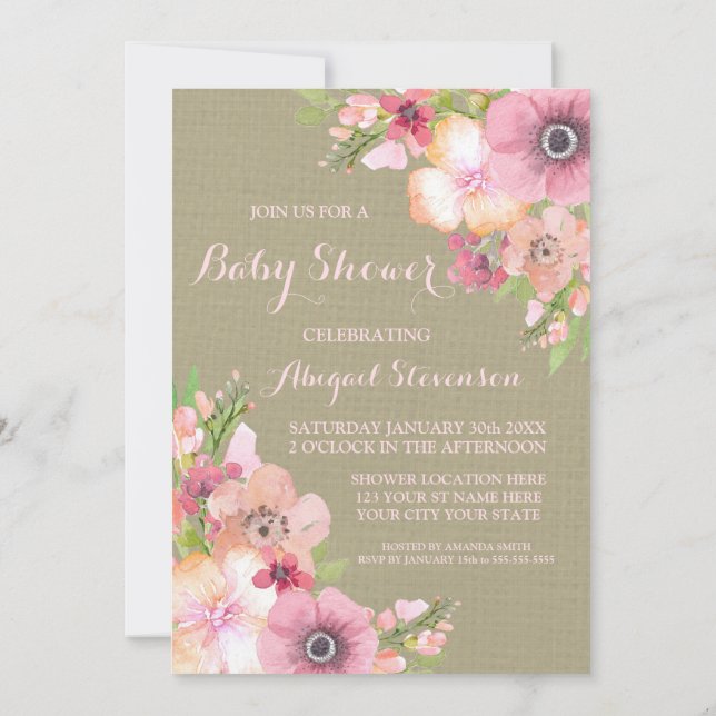 Rustic Burlap Watercolor Flowers Baby Shower Invitation (Back)