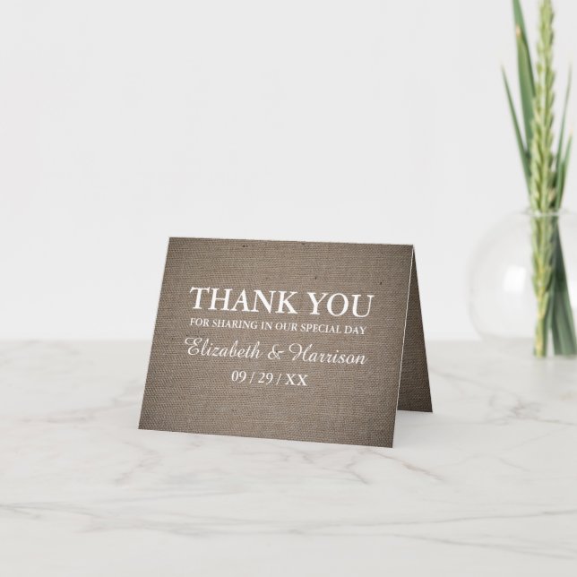 Rustic Burlap Weddig Letterpress Thank You Card (Front)