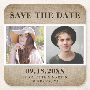 Rustic Burlap Wedding 2 Photo Save The Date Square Paper Coaster
