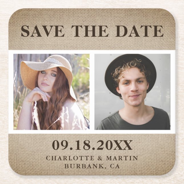 Rustic Burlap Wedding 2 Photo Save The Date Square Paper Coaster (Front)