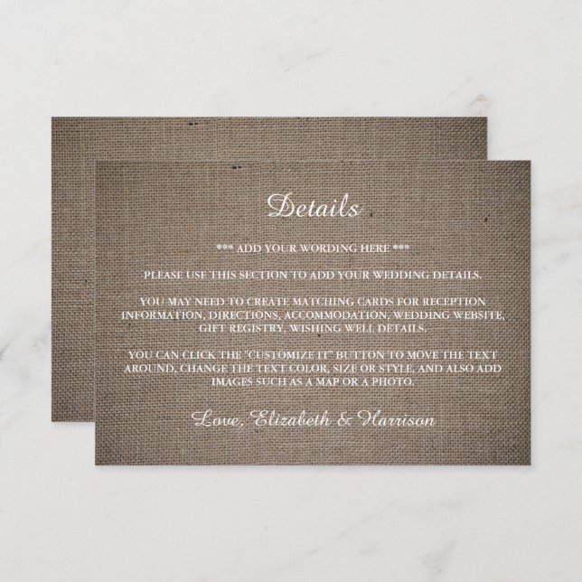 Rustic Burlap Wedding Detail Enclosure Card (Front/Back)