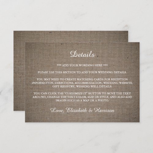 Rustic Burlap Wedding Detail Enclosure Card