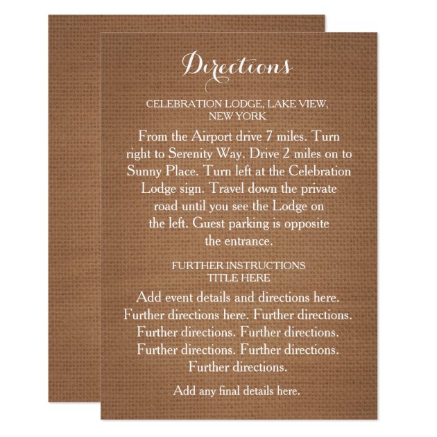 Rustic Burlap Wedding Directions Card