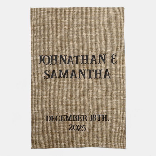Rustic Burlap Wedding Kitchen Towel | Personalized (Vertical)