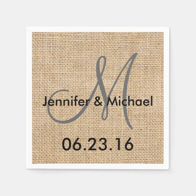 Rustic Burlap Wedding Monogram Names Date Paper Napkins (Front)