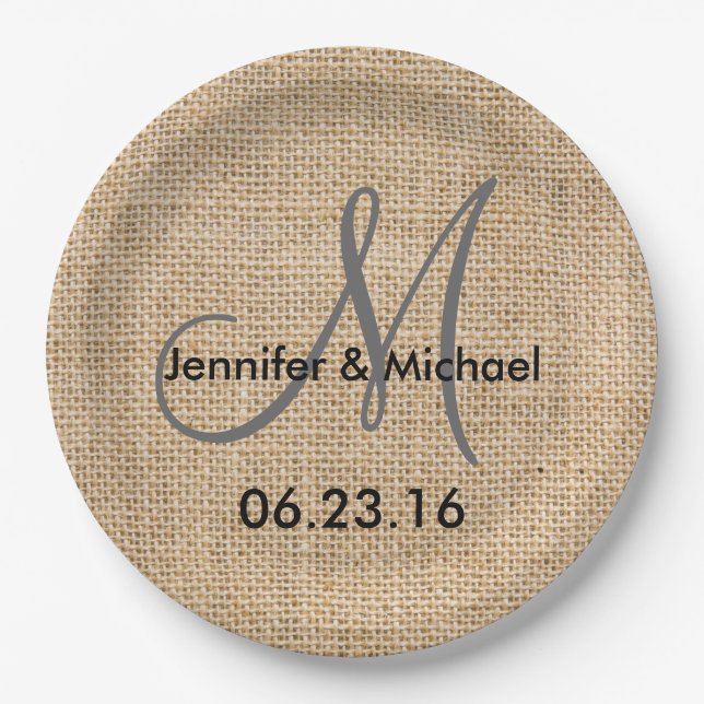 Rustic Burlap Wedding Monogram Names Date Paper Plates (Front)