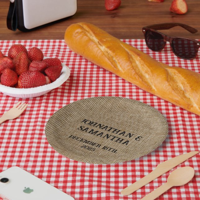 Rustic Burlap Wedding Paper Plates | Personalized  (Picnic)
