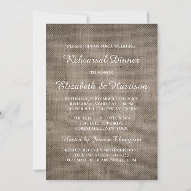 Rustic Burlap Wedding Rehearsal Dinner Invitation (Front)