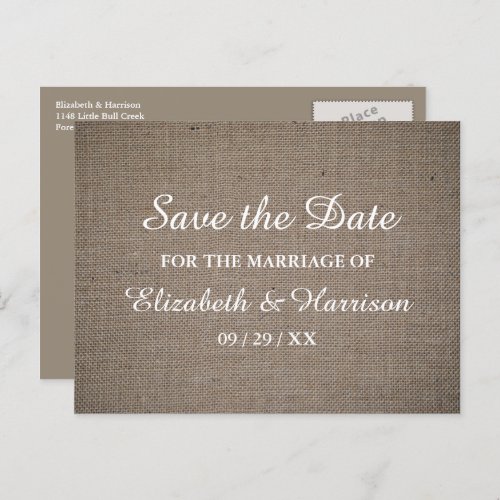Rustic Burlap Wedding Save The Date Postcard