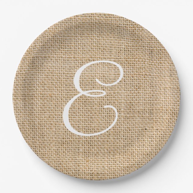 Rustic Burlap Wedding Simple Monogram Paper Plates (Front)
