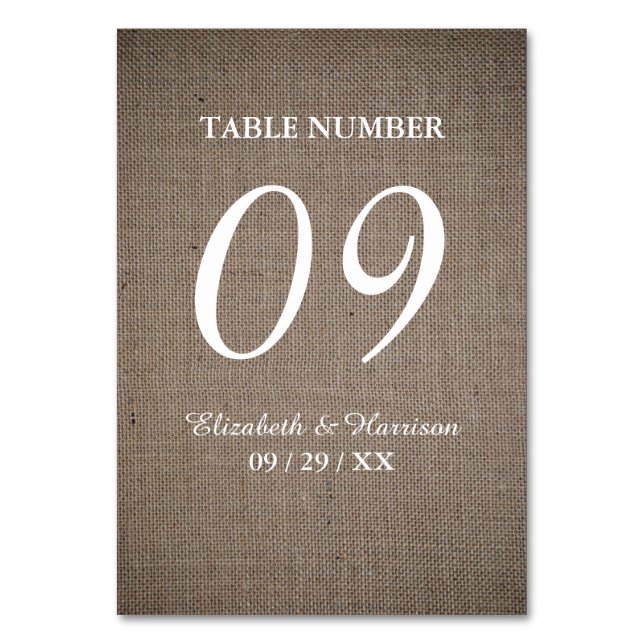 Rustic Burlap Wedding Table Number (Front)
