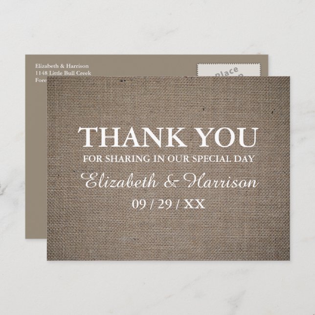 Rustic Burlap Wedding Thank You Postcard (Front/Back)
