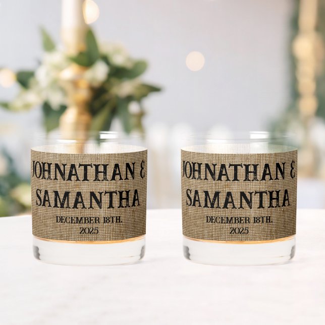 Rustic Burlap Wedding Whiskey Glass – Personalized (Insitu (Wedding))