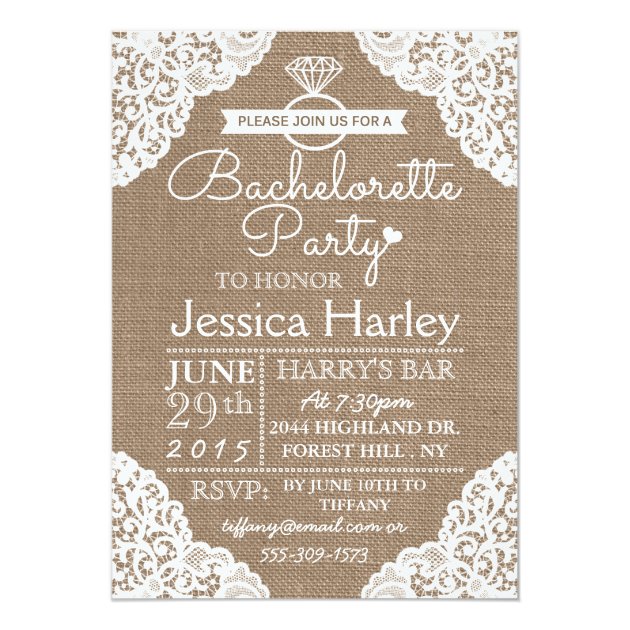 Rustic Burlap & White Lace Bachelorette Party Invitation