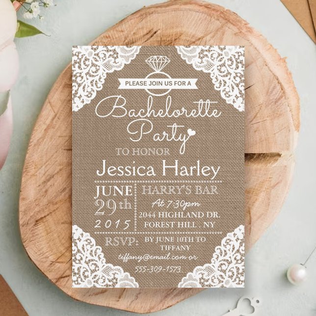 Rustic Burlap & White Lace Bachelorette Party Invitation (Creator Uploaded)