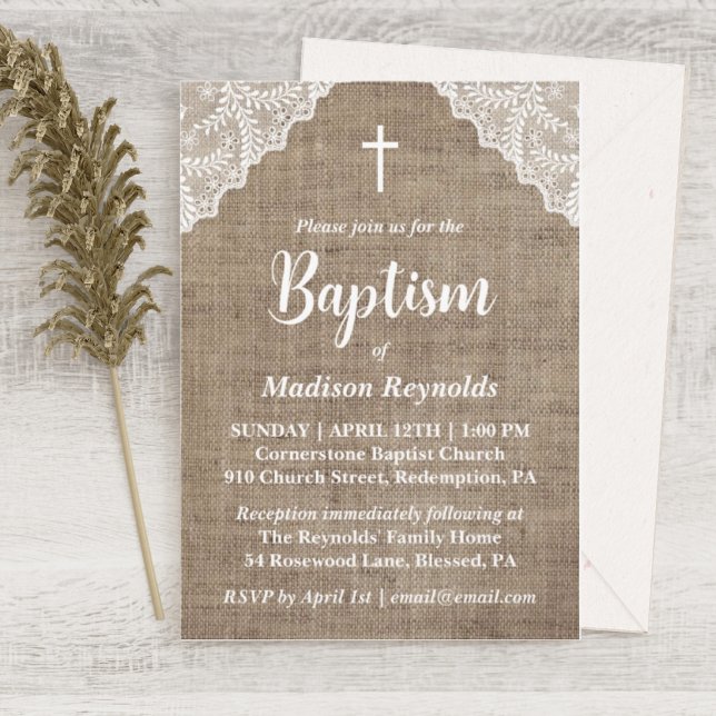 Rustic Burlap & White Lace Cross Baptism Invitation (Creator Uploaded)